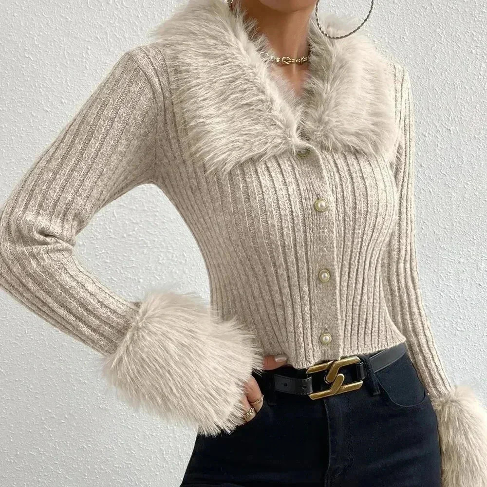 Apricot Elegant Women's Fuzzy Collar Ribbed Knit Cardigan - Picture 6 of 8